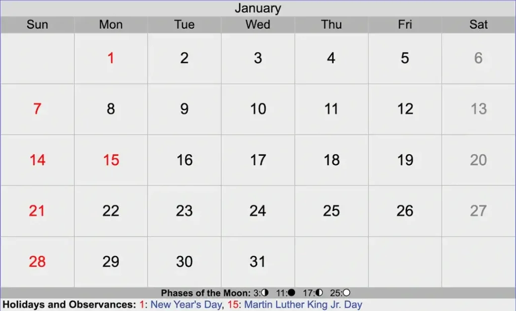 January Calendar 2024
